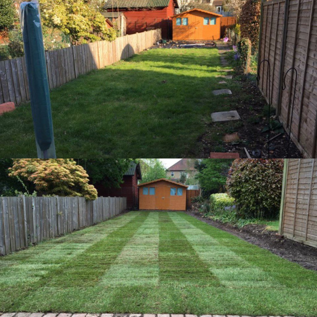 handscape_hort's tweet image. Before and after..Levelling, topsoil and turfing. Ready for the flower beds! #handscape #horticulture #turf #job