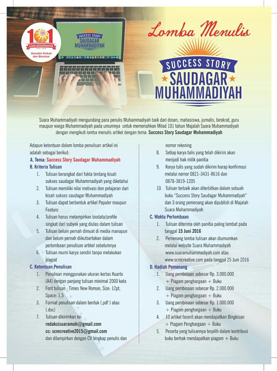 be_management16's tweet photo. #batangevent @scmcreative: DL 15/6/016 Lomba Menulis di Majalah Suara Muhammadiyah | FREE | 082134318616 https://t.co/4OVUQa0yiz