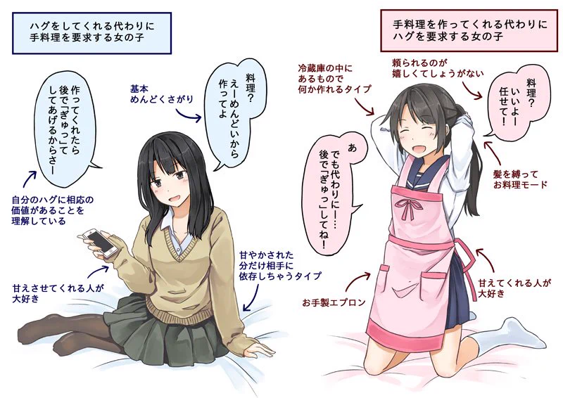 どっちがいい？ハグの対価に手料理を要求する女子と手料理の対価にハグを要求する女子！