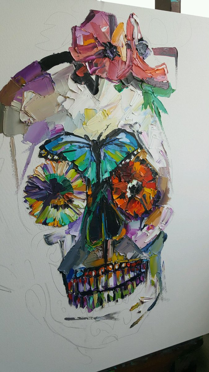 Sunny Sundays are for skulls, butterflies, and flowers . . . #paintinginprogress #oilpainting