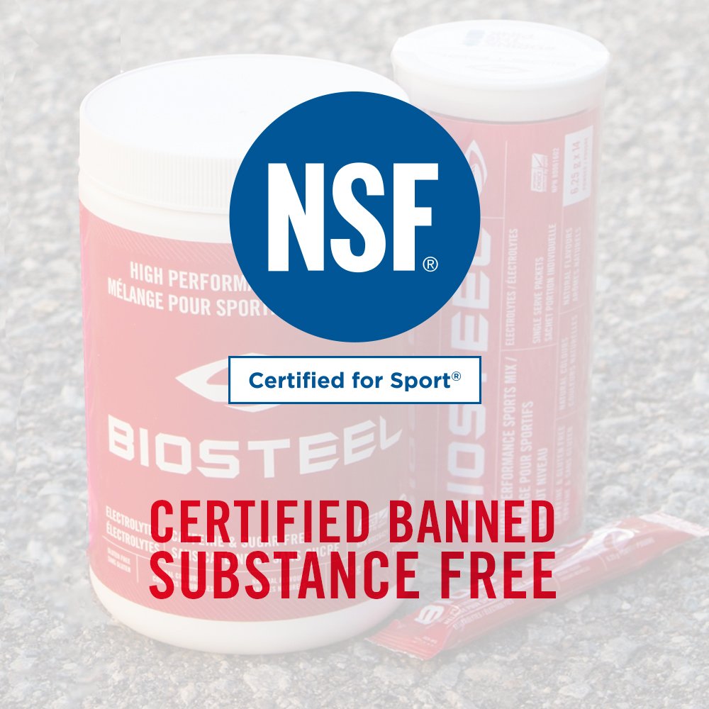 BioSteelSports's tweet photo. BioSteel’s High Performance Sports Mix is @NSF_Intl Approved! #CertifiedBannedSubstanceFree #DrinkThePink™ https://t.co/5fCXWJ4P6j