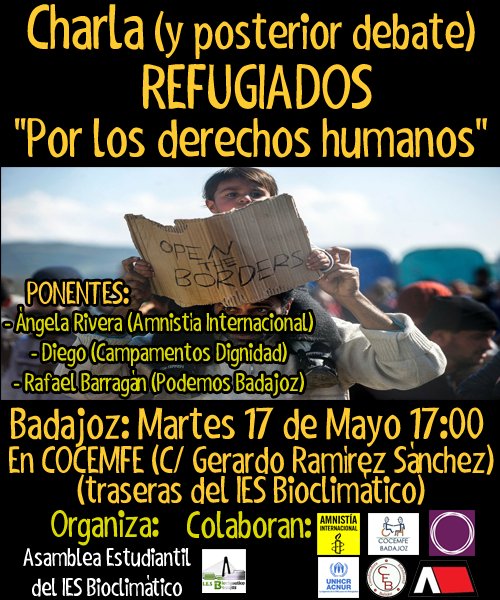 CHARLA/debate sobre los REFUGIADOS este martes a las 17:00h en COCEMFE. ¡Estáis invitados, os esperamos! :)