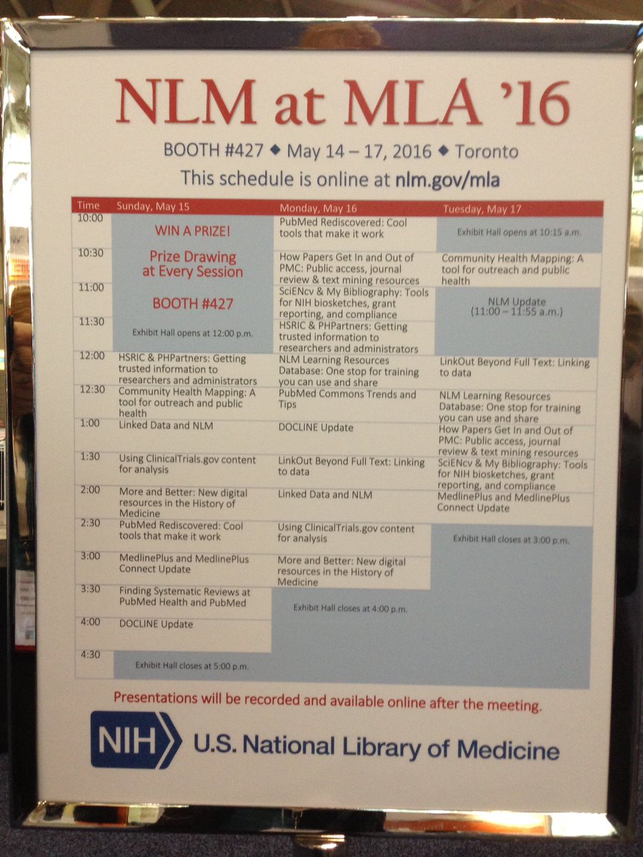 NLM_NIH's tweet photo. Booth 427, @nlm_news offers valuable presentations every 30 min beginning at noon today. #mlanet16 #medlibs https://t.co/eRqxQc9UKs