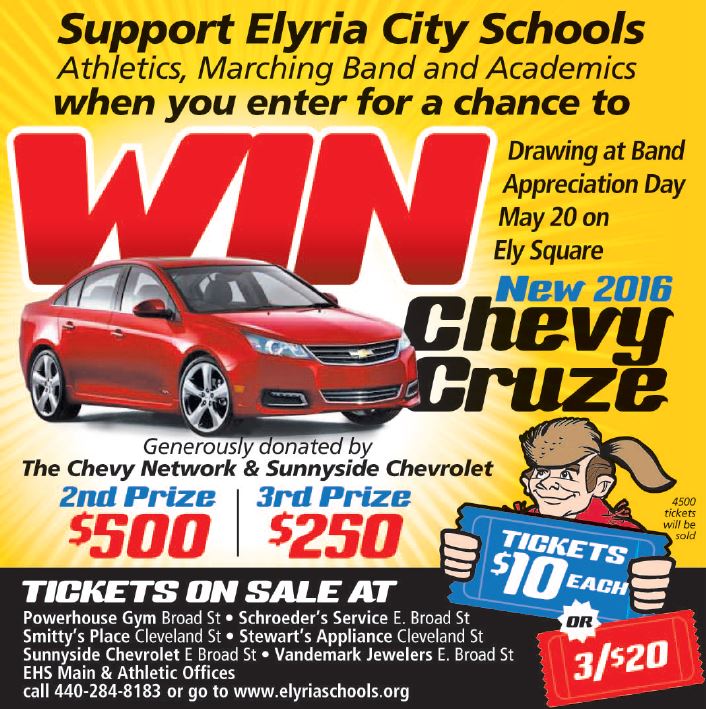 ElyriaAthletics's tweet photo. Come watch the @ehspmb on 5/20 on Ely Square! The Chevy Cruze drawing will be then as well! https://t.co/Bqac7ys3II