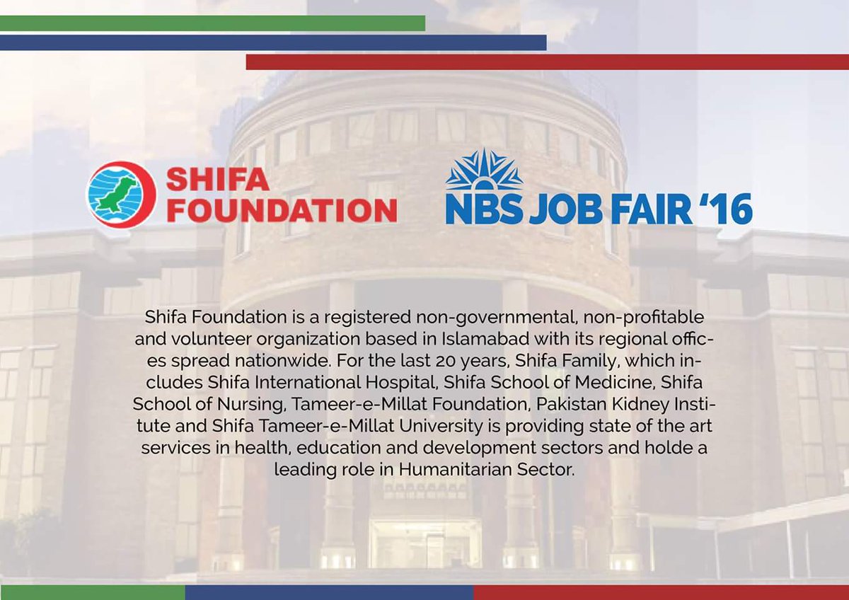 NBSJobFair16's tweet photo. #NBSJobFair2016 brings you another prestigious company, Shifa Foundation on the 19th May.
#LetsGetEmployed https://t.co/DbXBRBf1dF
