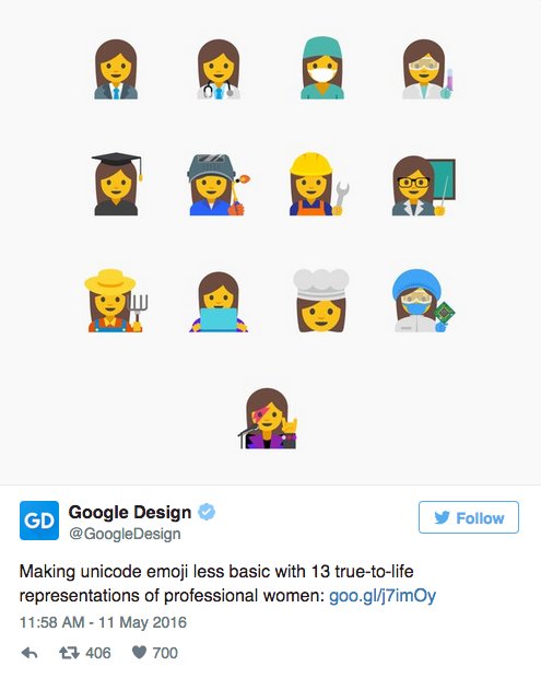 Google proposes 13 emojis to better represent female professionals ow.ly/hu5M300bkaz @digiday #ChoiceContent