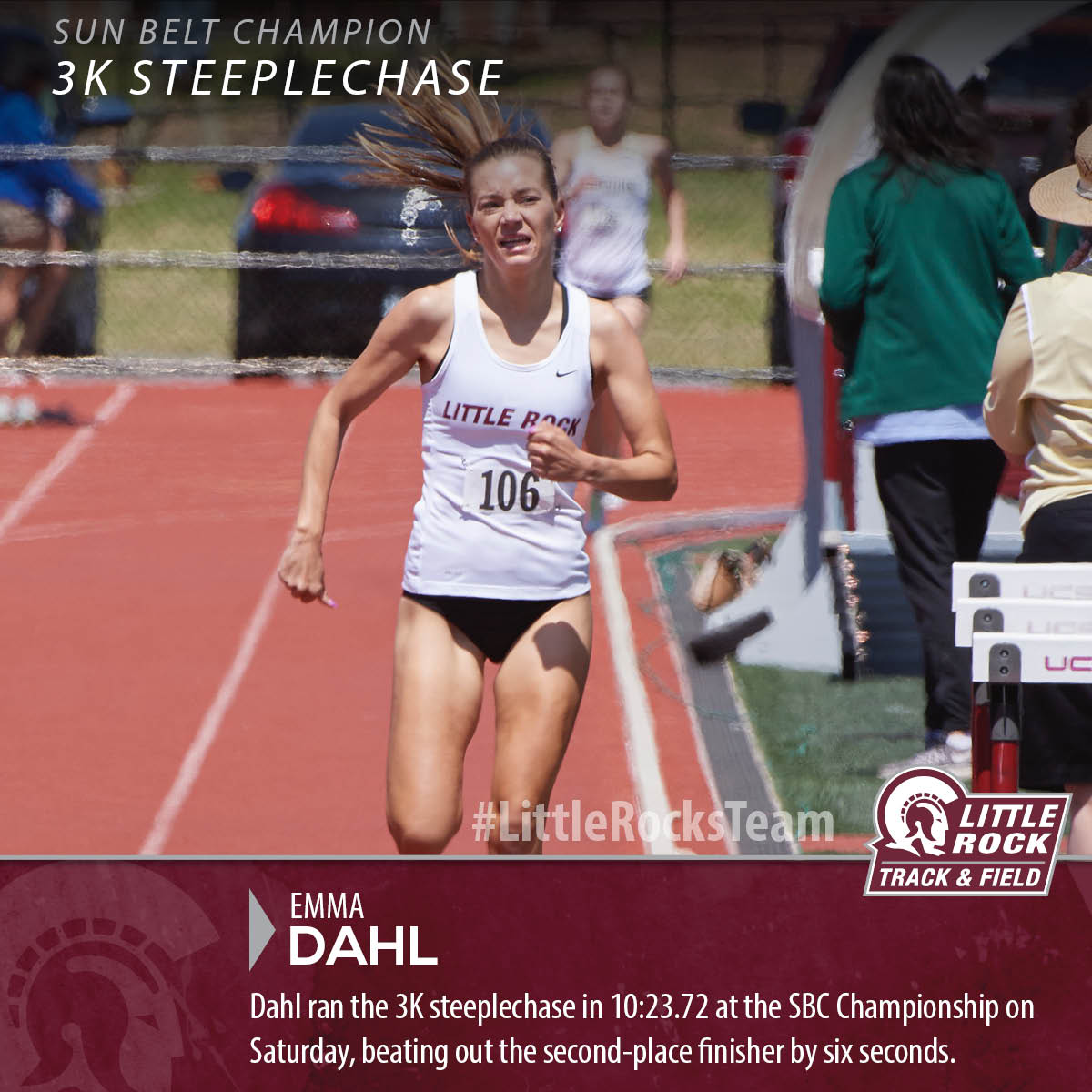 LittleRockTFXC's tweet photo. Miss the news yesterday? Emma Dahl won the 3K steeplechase and is your Sun Belt Champion. #LittleRocksTeam https://t.co/lzFLnv3fOh