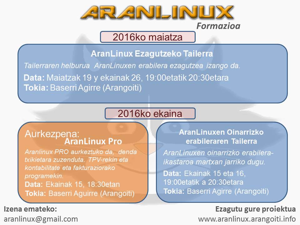 AranLinux's tweet image. Hona hemen Maiatzako eta Ekainako tailerrak --&amp;gt; aranlinux.arangoiti.info/2016/05/15/ara…