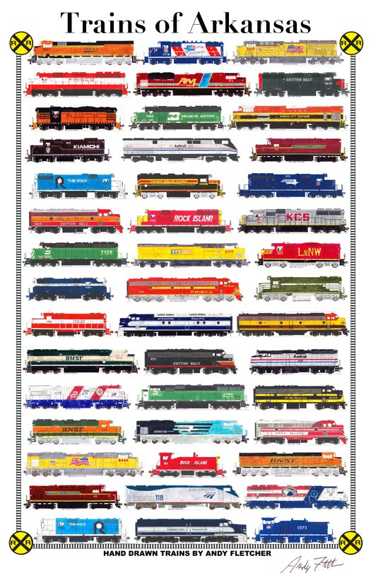 CustomTrains's tweet photo. My Railroads of #Arkansas poster includes Class1 #railroads @UPRR @BNSFRailway #KCS #Amtrak &amp; @ASLRRA's @AMExpressRR https://t.co/Pg0aLko8jP
