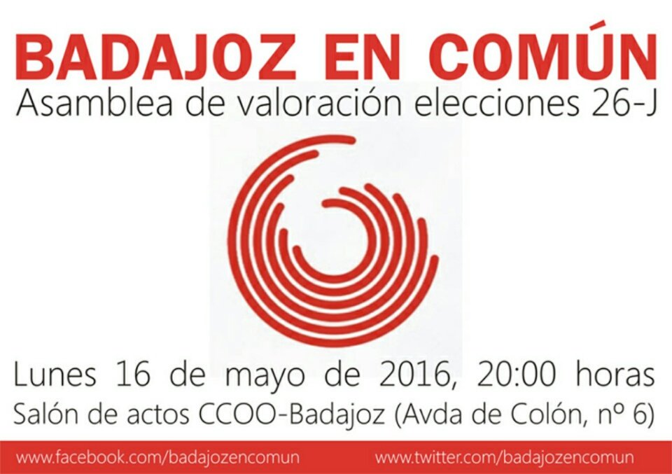 Os animamos a asistir a la asamblea de hoy Lunes a las 19:45 en el local de <a href="/ccoo_ext/">CCOO de Extremadura</a> en #Badajoz. Participa!
