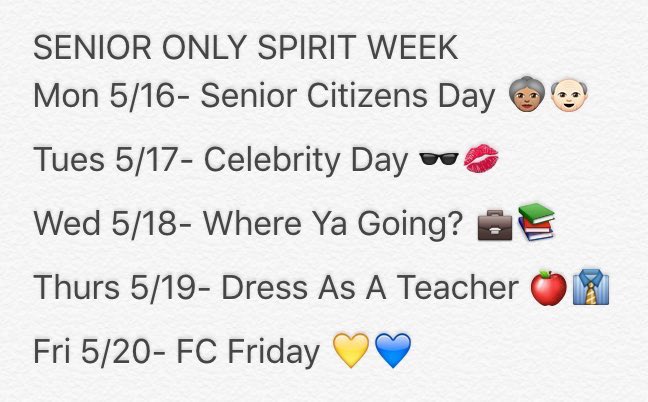 FCHSClassof2016's tweet photo. THE START OF OUR LAST SPIRIT WEEK IS TOMORROW! SENIOR CITIZENS DAY IS MONDAY https://t.co/eEgHsVPlnz