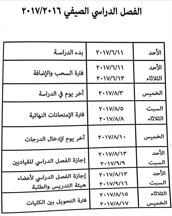 التقويم الدراسي .. لـ #جامعة_الكويت للعام الدراسي 2016/2017