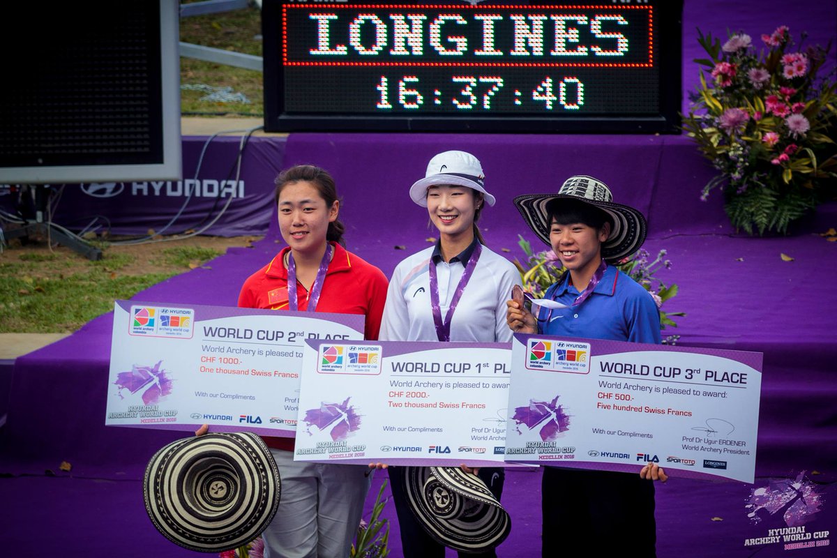 AWCMedellin's tweet photo. Recurve Women: 1 CHOI Misun (KOR), 2 WU Jiaxin (CHN), 3 TAN Ya-Ting (TPE)  #WCMedellin https://t.co/0I1moXDqgA