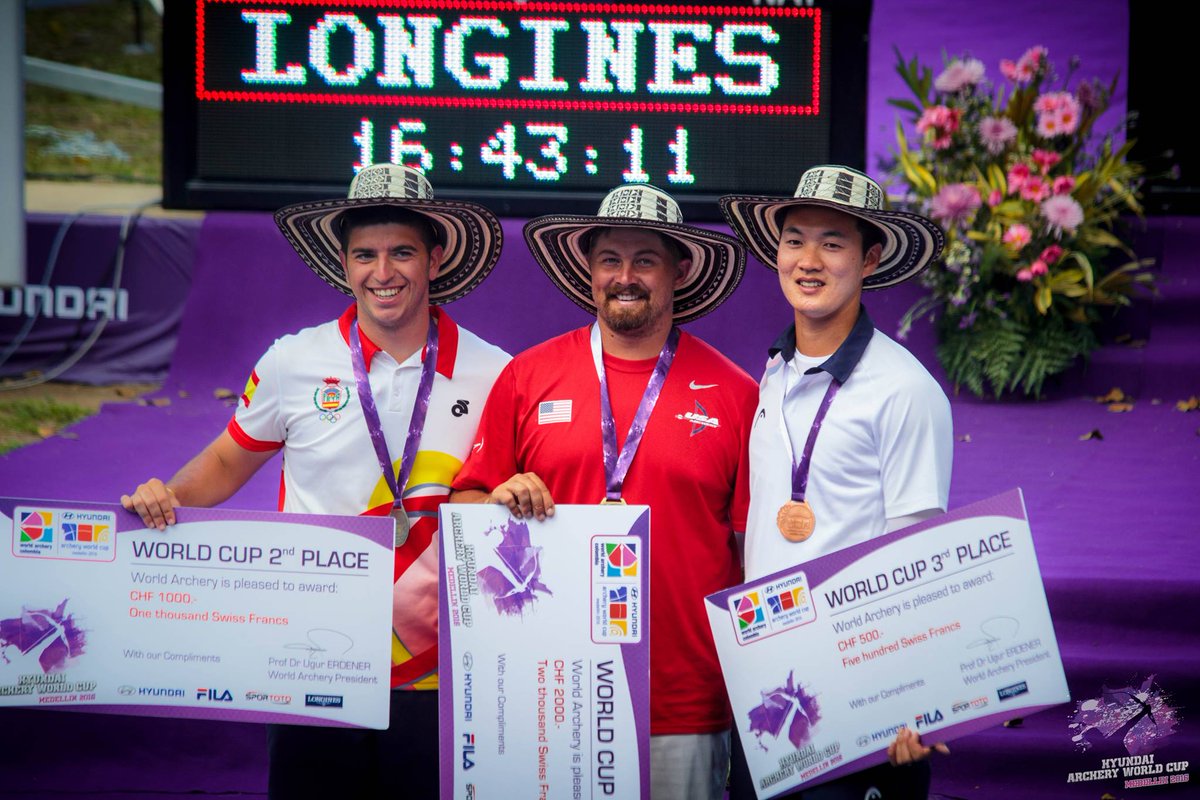 AWCMedellin's tweet photo. Recurve Men: 1 ELLISON Brady (USA), 2  ALVARINO GARCIA Miguel (ESP), 3 KU Bonchan (KOR)  #WCMedellin https://t.co/DucRppQwyi