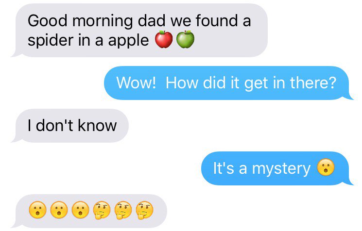 SteveKerfoot's tweet photo. Morning text from my 8yo, keeping me up to date on important events at home while I'm at #AAI2016  #ninjaspider https://t.co/dODrryQ037