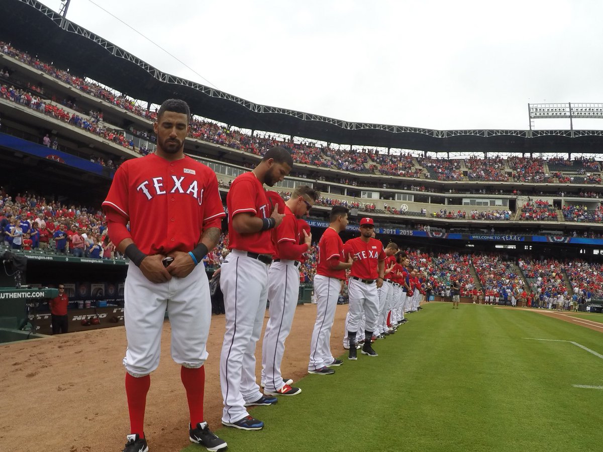 Rangers's tweet photo. Before today's game, we honor @RRExpress Jana Almendarez with a moment of silence. #TeamJana https://t.co/NI92WXqV7w