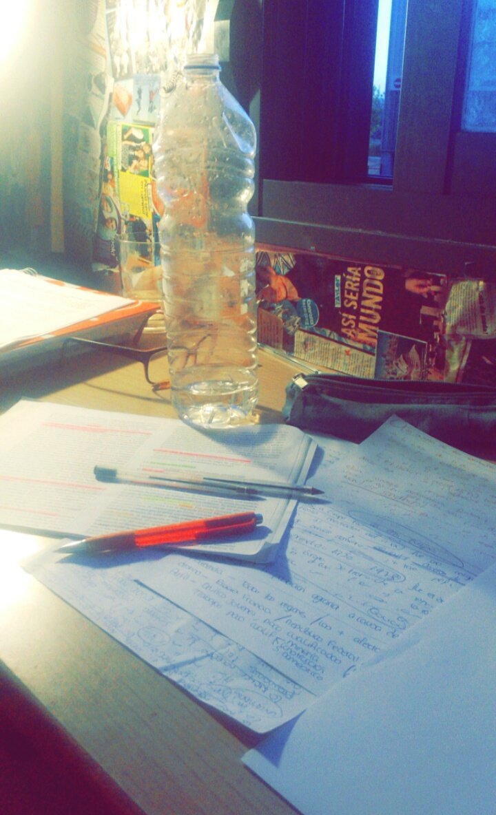 Monitururu's tweet photo. Botella +un par de bolis+unos cuantos folios=genial preparación, aunque esto no sirve de nada si no te concentras😥😥 https://t.co/TnvvwxSrG1