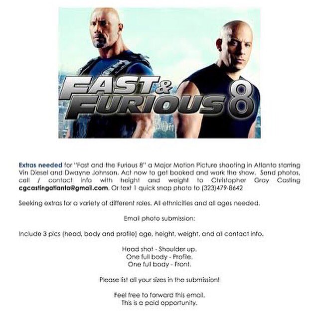 Chris_Gray_Cast's tweet photo. Dust off that #headshot and get ready!!!! #Fast8 #fastandfurious #atlanta https://t.co/WKXKMiYP3e