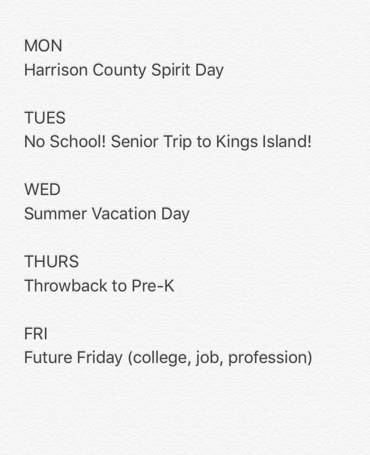HC16_stucouncil's tweet photo. Last spirit week of the year starts tomorrow!! Monday is Harrison County Spirit!🎉🐴 https://t.co/ge7xOGqIge