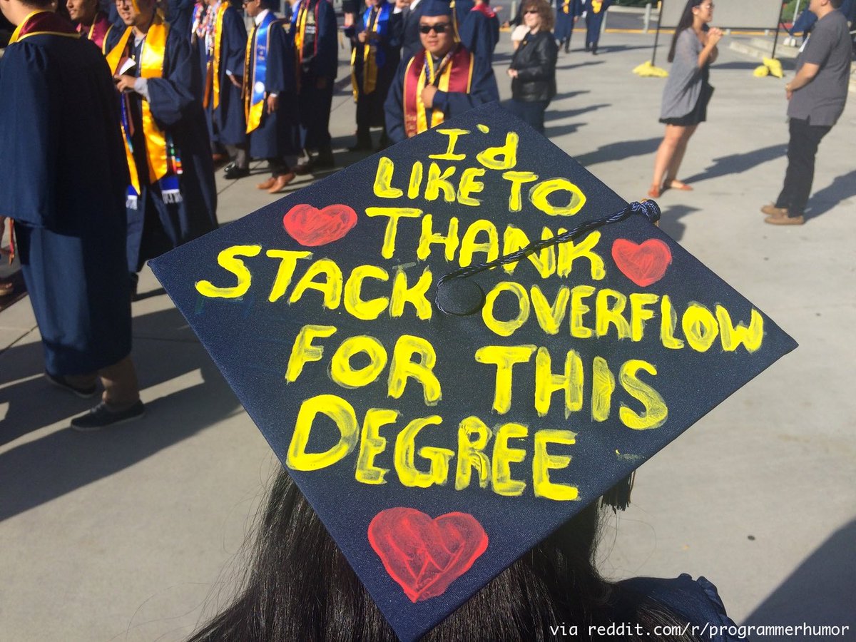 Graduation hat that reads: I'd like to thank Stack Overflow for this degree