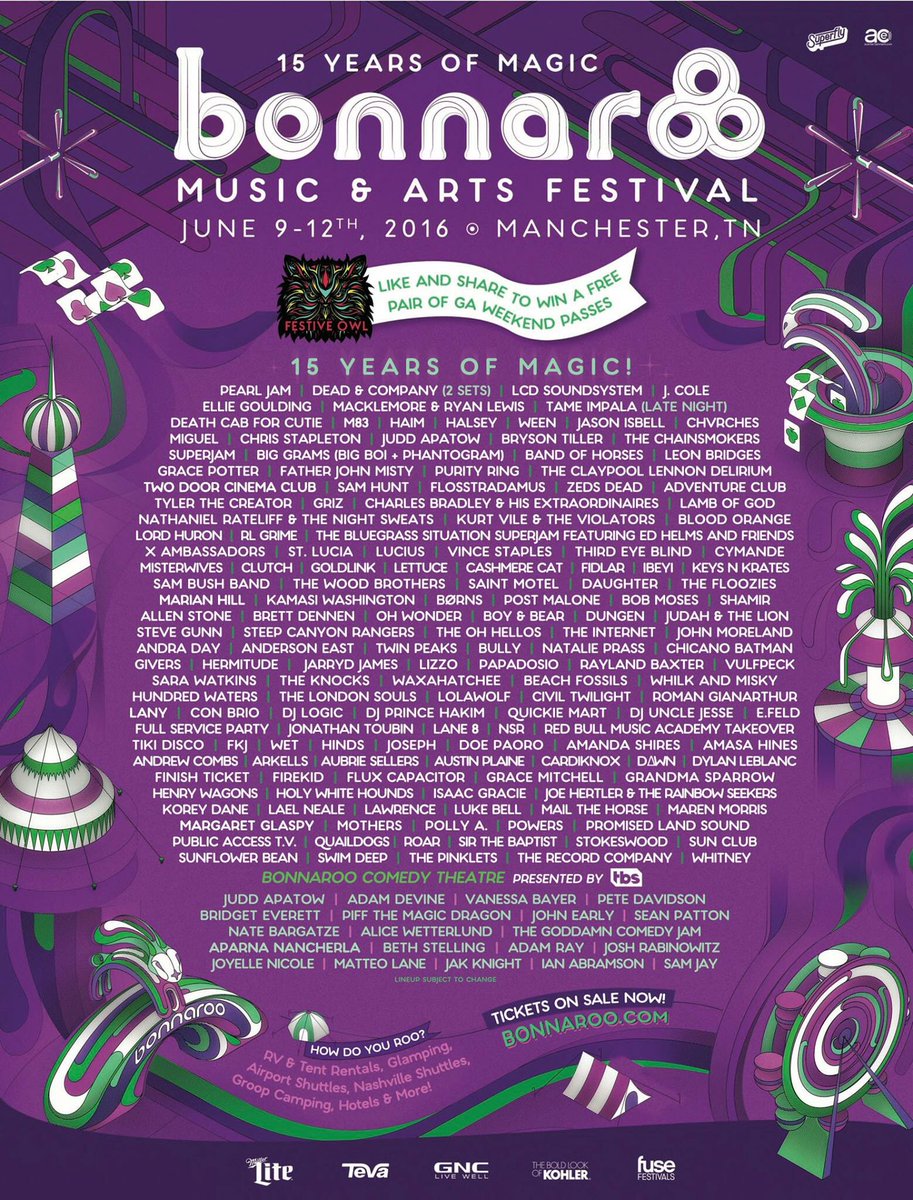 TheFestiveOwl's tweet photo. RETWEET &amp; FOLLOW to WIN-  Two (2) tickets to @Bonnaroo!  Additional Entries here: https://t.co/YVA4uA48Hy https://t.co/nRHhyBdVGE