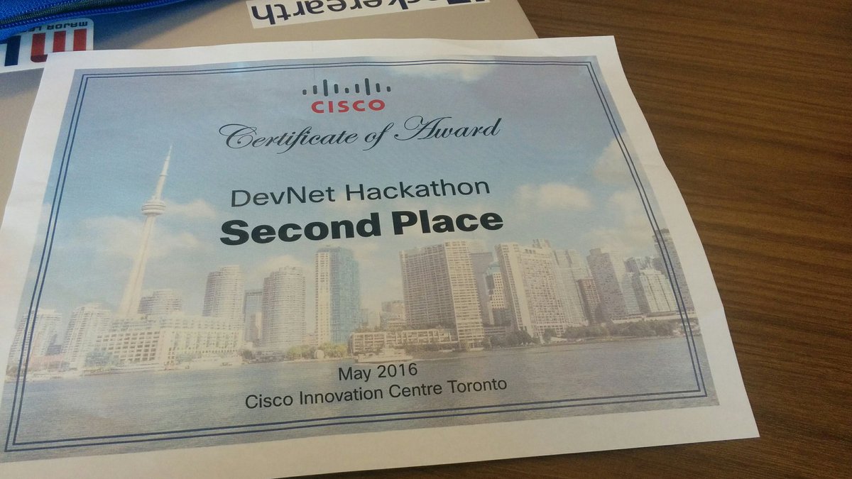 prasann_pandya's tweet image. Won 2nd Place at Cisco #DevNetHackathon ! Thank you @CiscoCanada for organizing this great event!