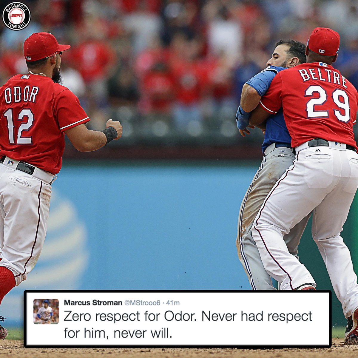 SportsCenter's tweet image. Blue Jays P Marcus Stroman shared his thoughts on the fight between Jose Bautista and Rougned Odor. (via @BBTN)