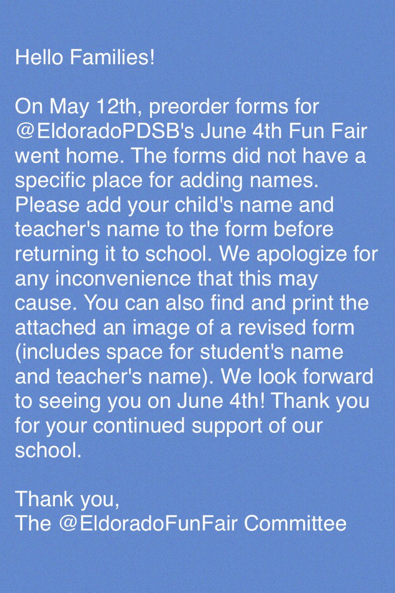 eldoradofunfair's tweet photo. @EldoradoPDSB's June 4th Fun Fair preorder forms have gone home with students. Please see attached images. Pls RT. https://t.co/fEG6XmJqjW