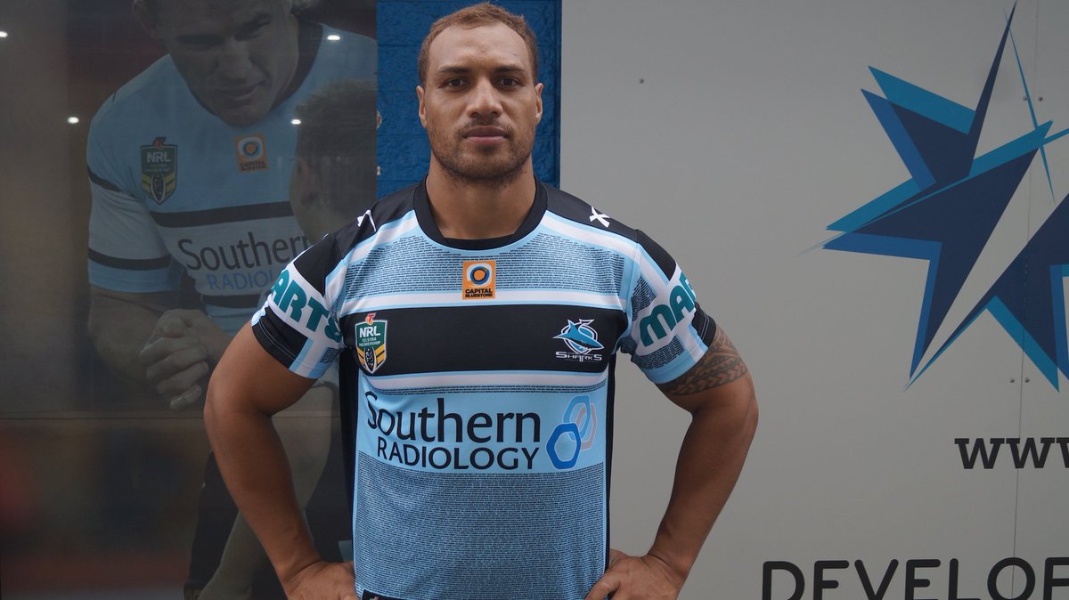 cronullasharks's tweet photo. Sam Tagataese shows off our 2016 Members Jersey! Have you got yours? 😀 https://t.co/5kqcWrktaE #WeAreSharks https://t.co/RggOMAwk5Z