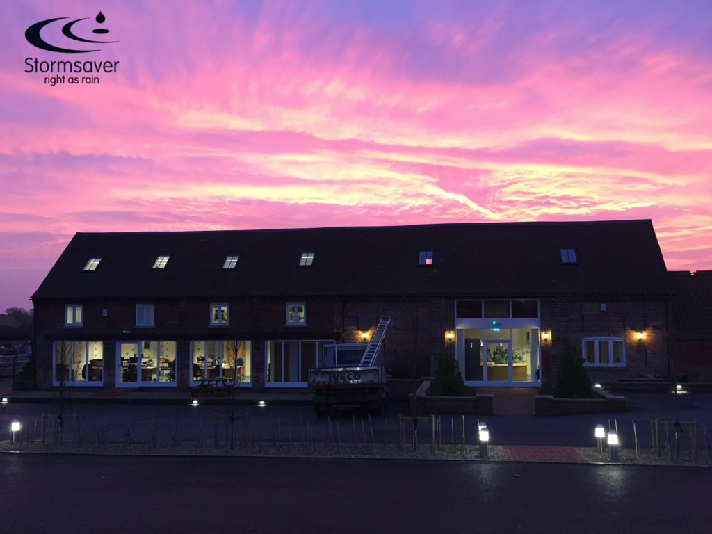 Rainwaterman's tweet photo. Something to brighten your #monday. We couldn't not share this picture of #Stormsaver HQ at dusk! #sunset https://t.co/jnb32zAkBU