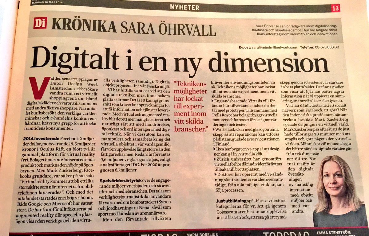 TommieCau's tweet image. Inspirerande krönika av @SaraOhrvall om VR. "Utbildning spås bli en av de stora kategorierna". Klår att läsa en bok.