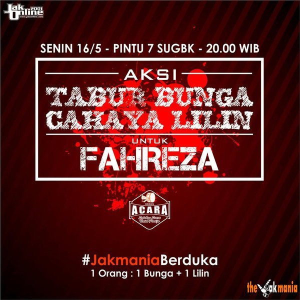 Ultras_Sector5's tweet photo. Aksi damai dan doa bersama untuk Almarhum Fahreza nanti malam #JakmaniaBerduka https://t.co/5d7CeL9nas