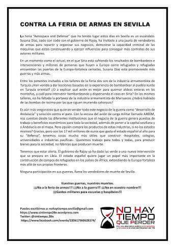 NHTQPSevilla's tweet photo. Declaración de #NoHayTiempoQuePerder contra la feria de armas en #Sevilla
@CAAnticapit @sintiempo28N #Sevillahoy https://t.co/DmDWqQDH80