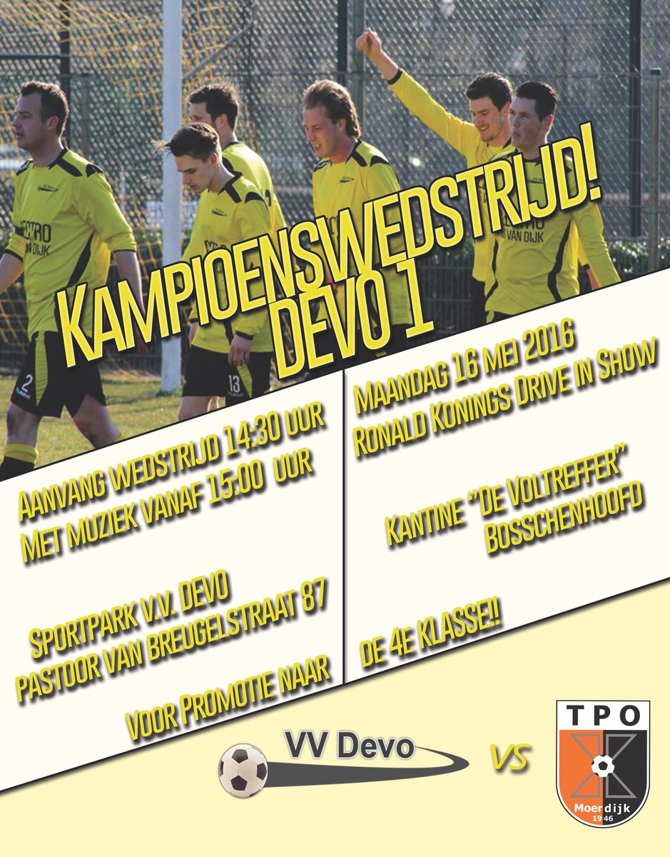 Gaat het na 18jaar weer gebeuren dat Devo 1 kampioen gaat worden en promoveert naar de 4e klasse!