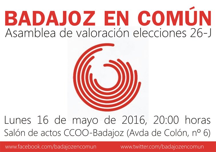 Esta tarde en #Badajoz #Extremadura asamblea de <a href="/badajozencomun/">Badajoz en Común</a> para valoración #26J #SumamosParaGanar #APorTodas26J
