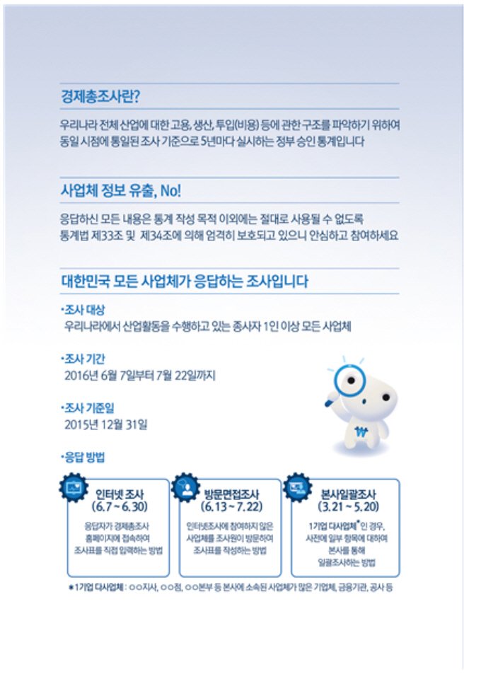 대한민국이 당신의 사업에 힘이 되도록 2016 경제총조사에 참여해 주세요!
기간 : 6월 7일 ~ 7월 22일(6월에는 인터넷으로도 참여 가능합니다.)
#성남시
#상대원2동