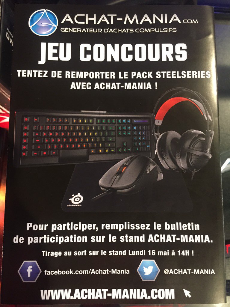 ACHATMANIA's tweet photo. Dernier jour pour tentez de gagner un pack @SteelSeriesFR sur le stand @ACHATMANIA à la #DHFR16 ! https://t.co/eD9m3NcZlY