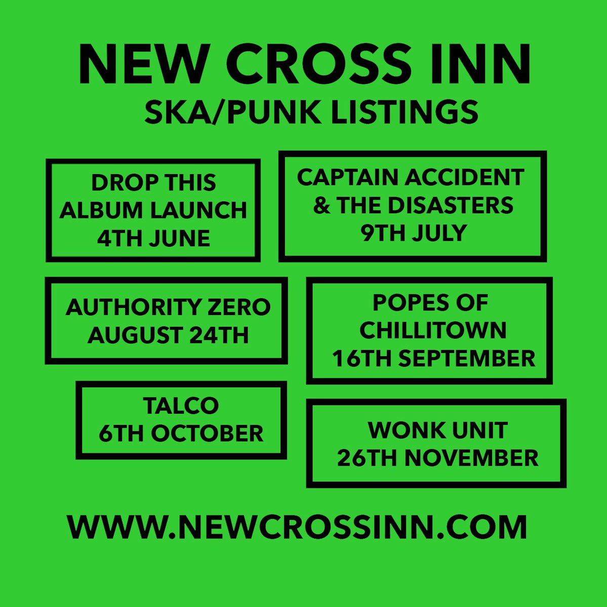 NewCrossInn's tweet photo. Check out all the excellent ska/punk we've got lined up for you this year. Save the dates! Full details on our site. https://t.co/2eT05COOzc