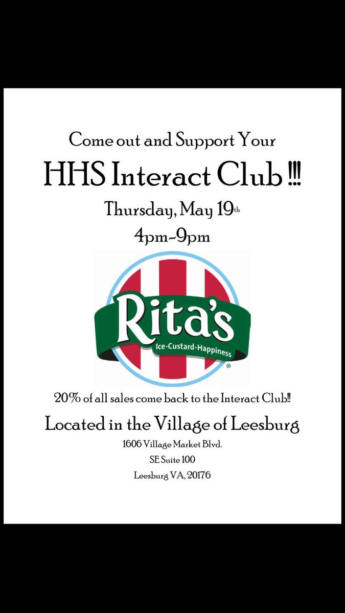 Interact Club Fundraiser this Thursday (5/19) at Rita's of Leesburg from 4-9pm! Show this picture at checkout😊🍦
