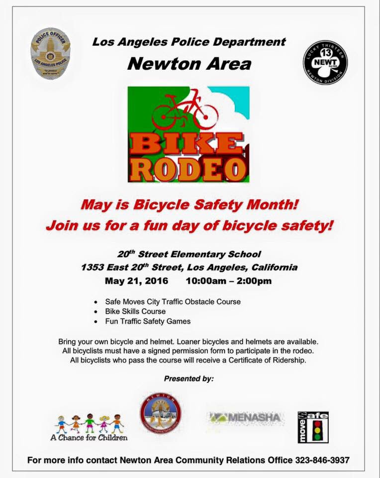 LAPDStoecklein's tweet image. @NewtonLAPD celebrates #BicycleSafetyMonth! Bike #Rodeo w/ #SafeMoves City course! Loaner #bikes &amp;amp; helmets avail!