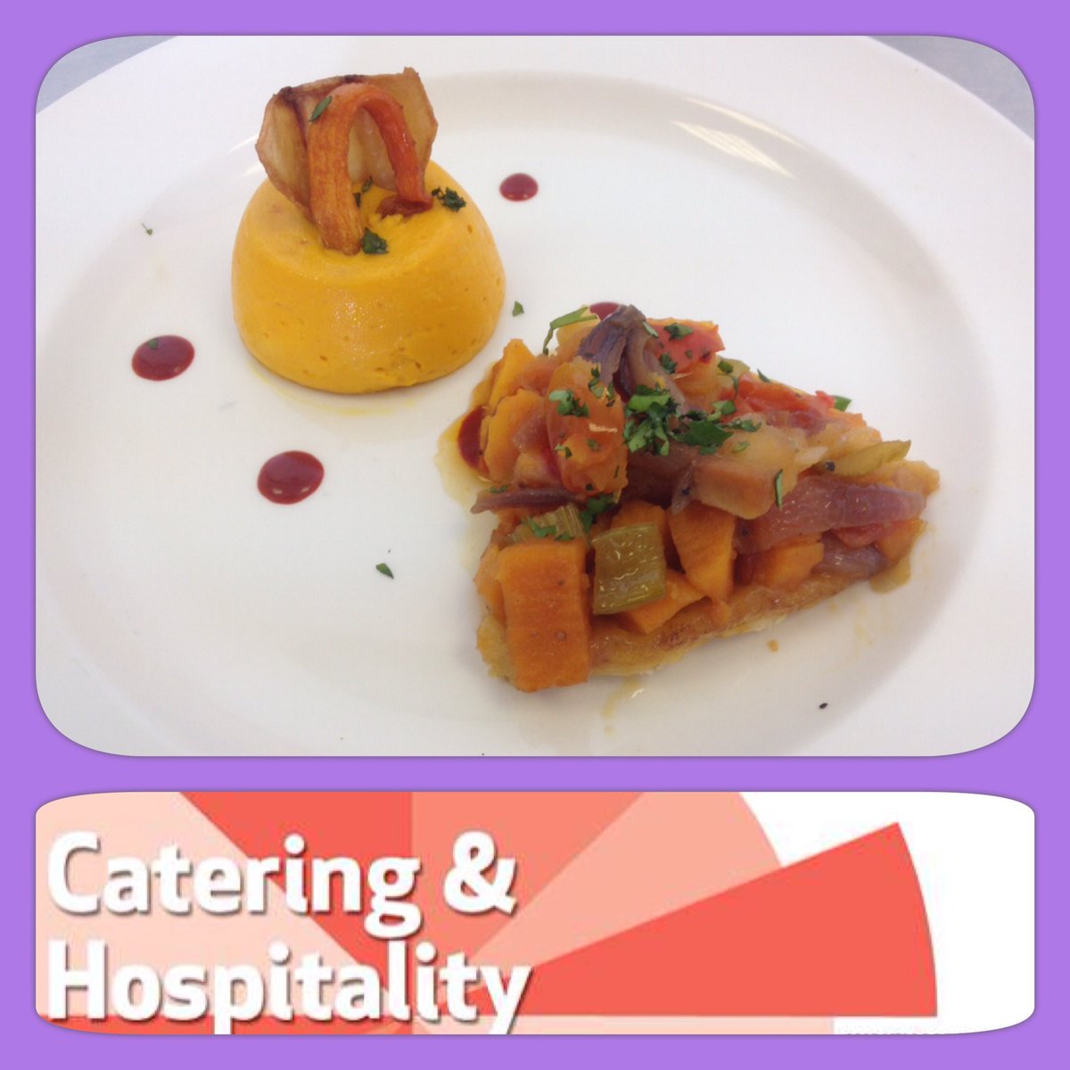 wfcmrlee's tweet photo. Lovely Roast vegetable tarte tatin with carrot royal. Well done Cecillia #WalthamForestCollege https://t.co/iMGsDB1d8L