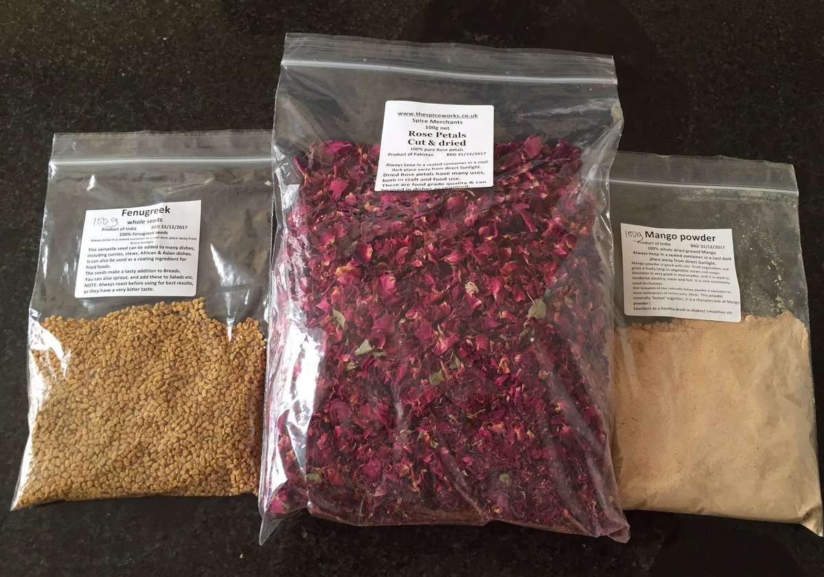 Rob_C_Allen's tweet photo. Just had these delivered #Fenugreek #RosePetals #MangoPowder. Thank U very much @Confarreo You're a 😇 #CardamomTrail https://t.co/HsOXNXcUmu