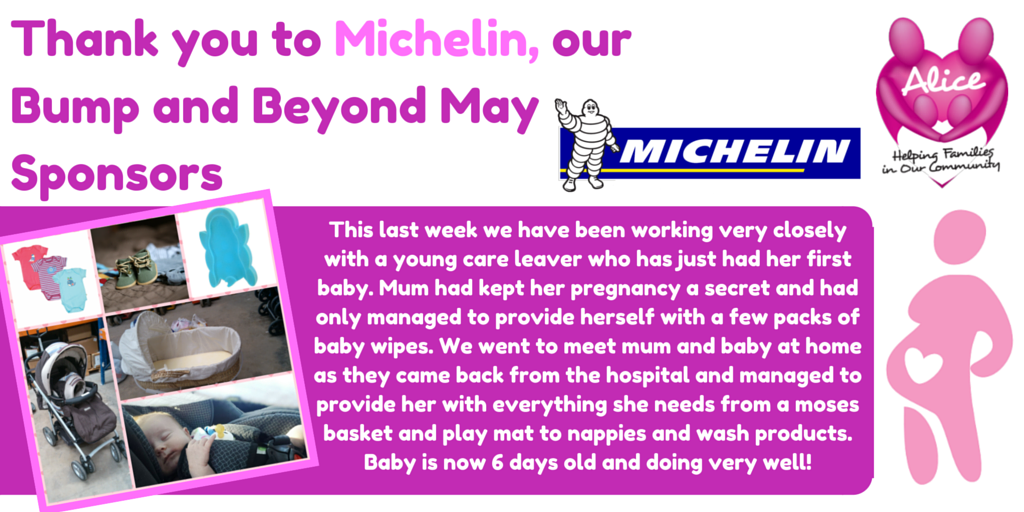 _alicecharity's tweet photo. Thanks to our Bump and Beyond sponsors for May @MichelinCSR helping us make a difference to families every day #csr https://t.co/GUXH2nHglN