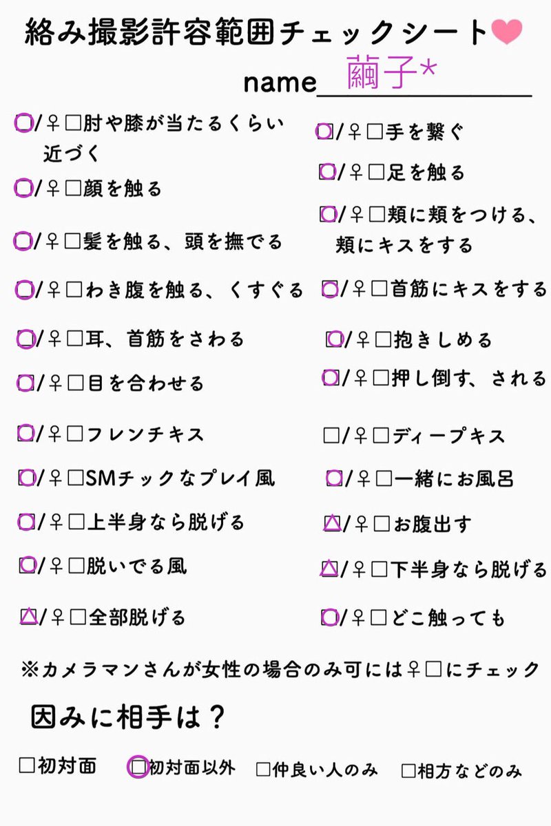 立花 繭子 Twitter પર 絡み撮影許容範囲チェックシート 写真編集許容範囲チェックシート はコンディション次第 加工厨だから無加工はわりときつい 精神削れる