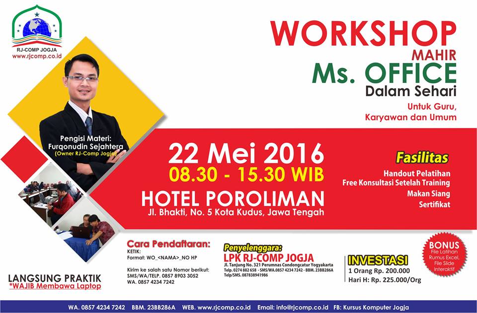 Workshop Pelatihan "Mahir Ms. Office dalam Sehari" @hotelparolimankudus | 22 Mei 2016 | HTM. 200K/org | pin.23BB286A