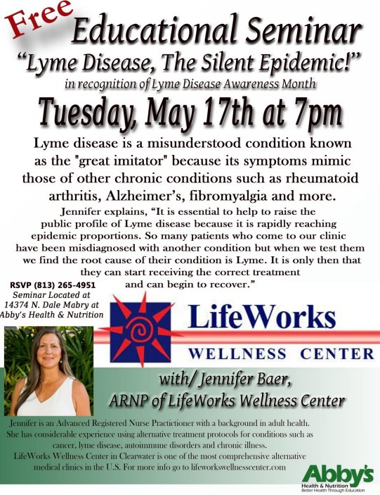 AbbysHealthFood's tweet photo. Learn about this silent epidemic for free, RSVP (813) 265-4951 #Tampa #LymeDiseaseAwarenessMonth #LymeDisease https://t.co/Ny1sW0ZSZa