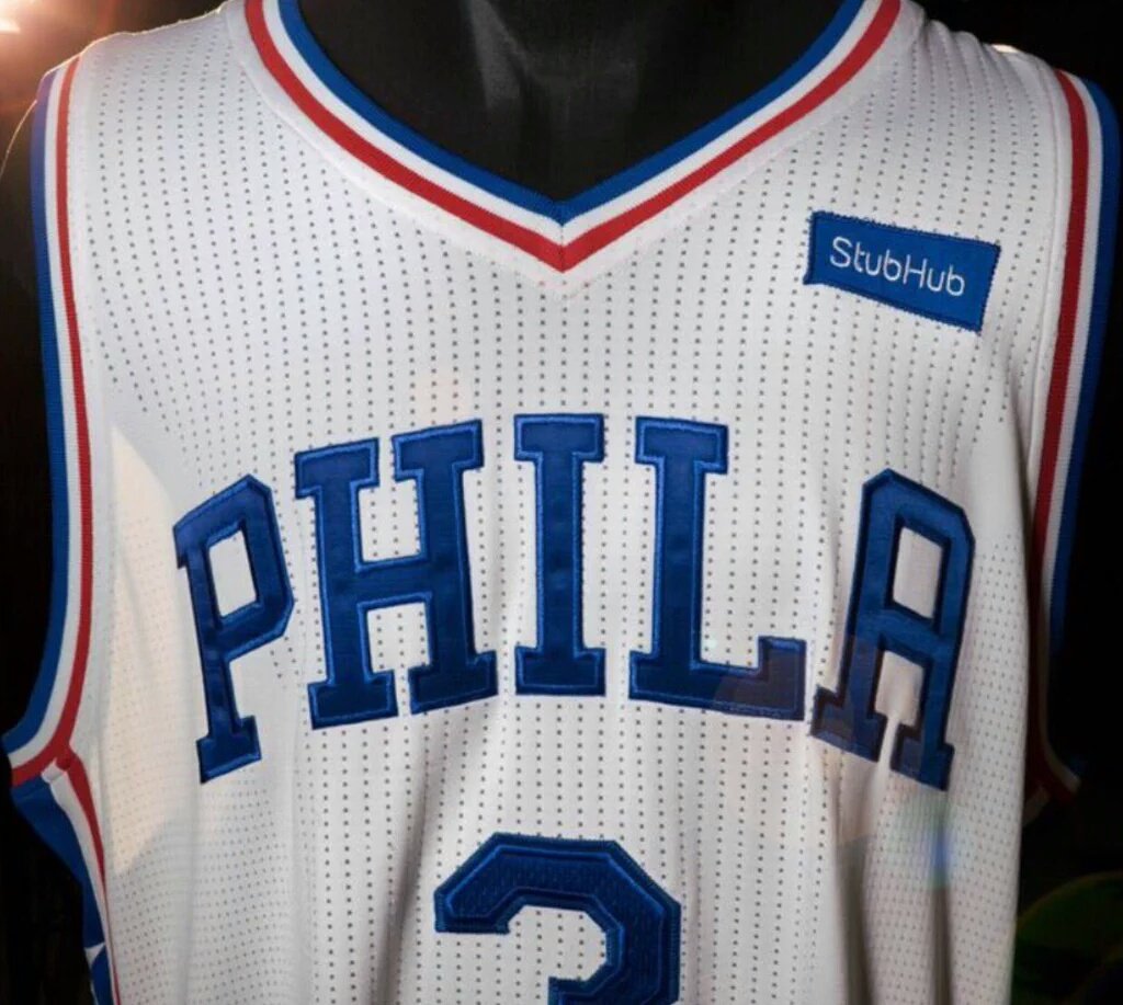 TheDunkCentral's tweet photo. Aaaand it begins. 76ers become the first team to put ads on jerseys, this is what it will look like. https://t.co/G25NeYM2Qq