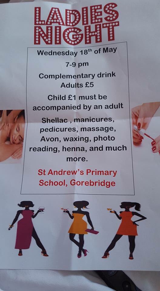 Join us for our ladies night fundraiser on Wednesday! £5 a ticket. Children p4+ welcome with an adult for £1 💅🏻