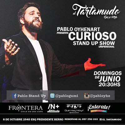 pablogumi's tweet photo. MUY CONTENTO LES CUENTO QUE:
Los domingos de Junio presento "CURIOSO" mi unipersonal #StandUp en @eltartamudobar https://t.co/tDtFB8tdmN