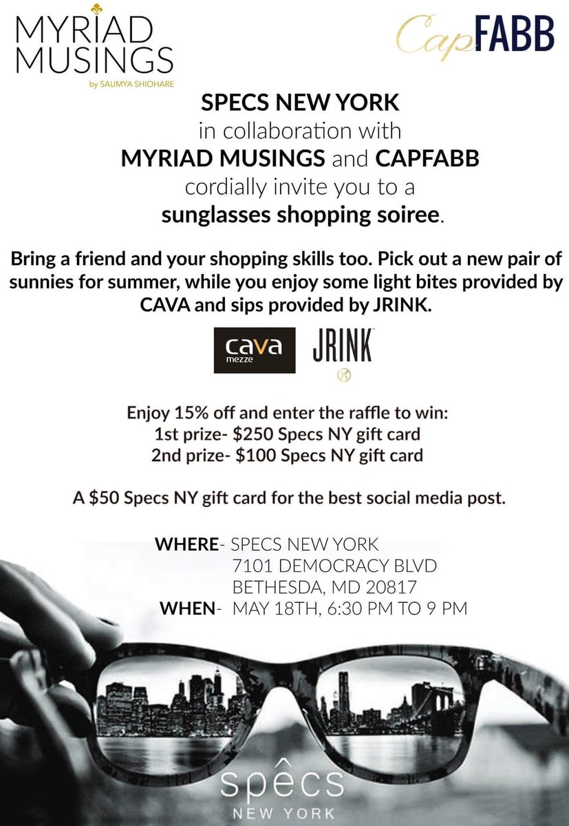 Event alert! <a href="/SpecsNewYork/">Specs New York</a> in collab w <a href="/myriadmusings1/">Saumya Shiohare</a> invite you to a sunglasses shopping soiree!! #capfabbevent